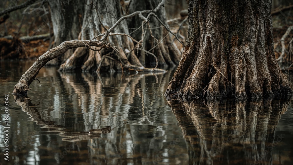 Obraz premium Swamp forest with large tree roots and calm water reflecting the trees. Nature and woodland scene. Wetland environment with submerged roots and tranquil water.