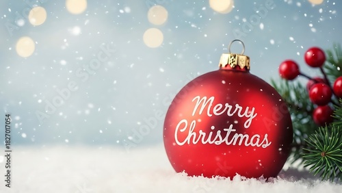 A festive red christmas ornament with merry christmas written on it sits in the snow with a blurred background of lights and greenery