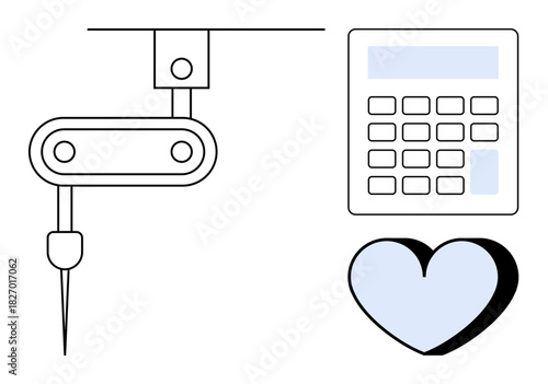 Robotic needle arm alongside a calculator and heart. Ideal for healthcare, technological innovation, precision, efficiency, automation, medical technology, and care. Simple flat metaphor