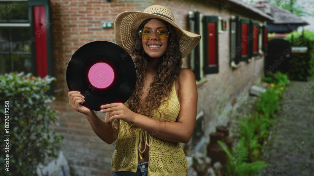 Fototapeta premium Woman holding vinyl record with both hands, wearing straw hat and yellow top, standing on a narrow street near brick wall; nostalgia summer leisure.