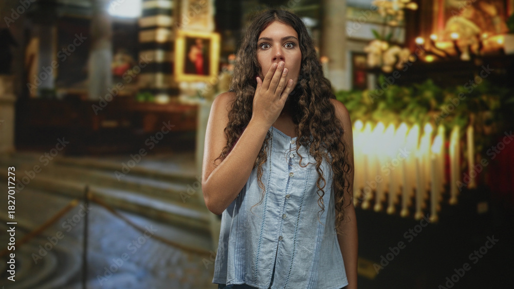 Fototapeta premium Young woman with long curly hair covering mouth with hand in church near candles, altar and ornate columns; surprise reverence.
