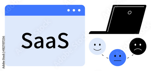 Browser window with SaaS text, laptop, and emotions representing positive, neutral, and negative feedback. Ideal for software tools, SaaS, user experience, feedback digital platforms technology