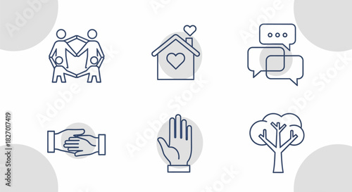 Set of six icons representing family community and support.
