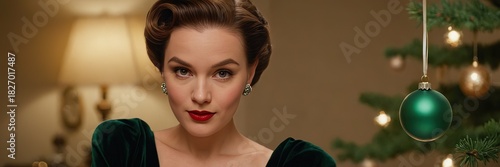 A woman with vintage-styled hair and bold red lipstick gazes intently, wearing a dark green dress beside a softly lit Christmas tree with golden ornaments.