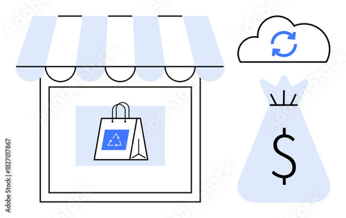 E-commerce storefront with a recycled bag, cloud sync symbol, and money bag representing environmentally friendly shopping, online business, and financial success. Ideal for e-commerce