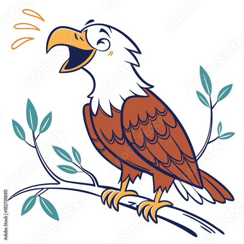 Cheerful cartoon eagle perched on a branch with leaves isolated on white background