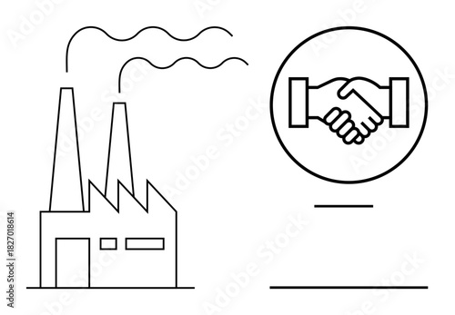 Industry partnership. Factory and handshake symbol industry partnership and collaboration. Industry partnership for sustainability, joint ventures, manufacturing, global trade, teamwork