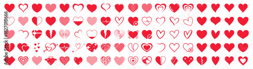 Collection of red love heart icons. Big set of red hearts. Heart shape icon in drawing, doodle, outline, sketch, scribble and hand drawn. Symbol of love. Design elements for valentines day.