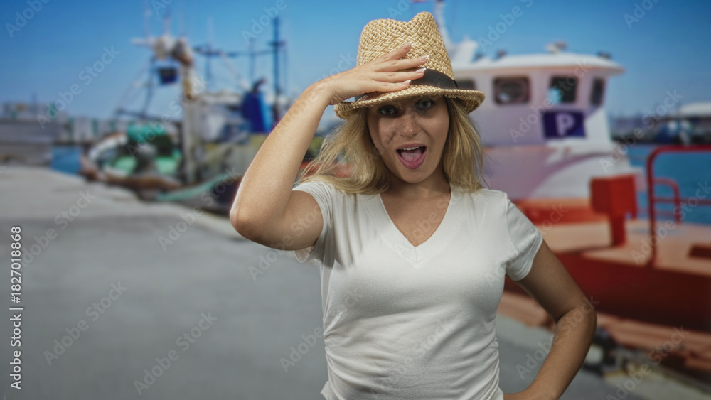 Fototapeta premium Young blonde woman touching straw hat with hand and smiling on a street by boats at a port; carefree travel joy.