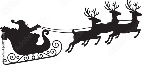 Santa Claus silhouette flying over snowflakes in sleigh full of gifts with reindeers . Merry christmas and Happy new year decoration. Vector