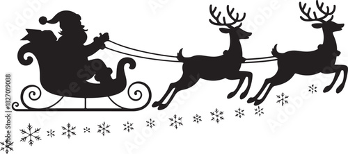 Santa Claus silhouette flying over snowflakes in sleigh full of gifts with reindeers . Merry christmas and Happy new year decoration. Vector