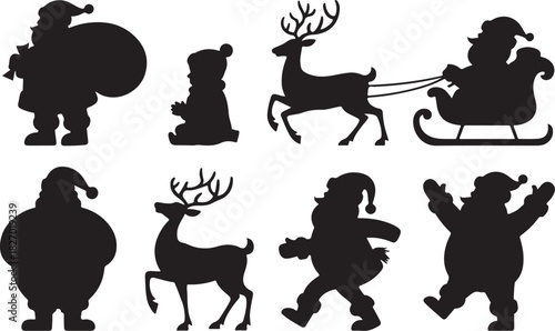 Santa Claus, deer, Santa in sleigh silhouette collection for Christmas decoration. Santa Claus in sleigh full of gifts with reindeer. Merry Christmas silhouette set