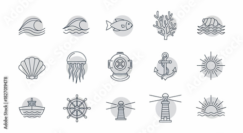Nautical Icons Collection Featuring Marine Life and Maritime Symbols.