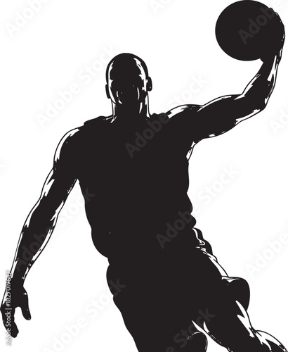 A dynamic silhouette of a male basketball player in mid-air, preparing to dunk a basketball with intense focus and athletic power.