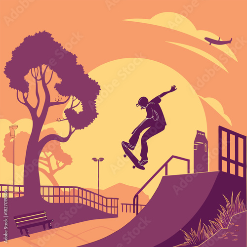 Skateboarder performing trick in park with tree and city