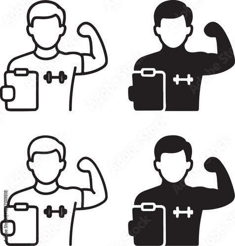 Isolated Personal trainer icon, Personal fitness coach, guidance trainer, black vector, minimal thin stroke, vector, isolated on white background, grid layout, workout trainer, coaching icon