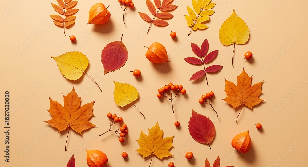Obraz premium Autumn leaves and berries arrangement on beige backdrop season design