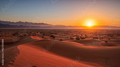 Fototapeta Naklejka Na Ścianę i Meble -  Desert landscape at sunset with dunes and distant mountains.