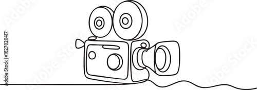 Continuous single line drawing of a vintage film camera symbolizing classic animation history in a clean minimalist retro outline vector illustration