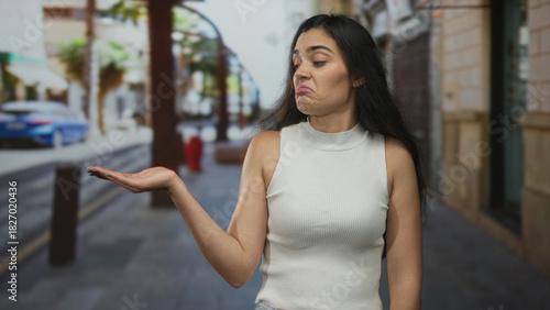 Young hispanic woman in white sleeveless top holding palm up on street with shrug expression; indifference doubt.