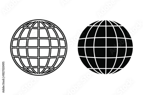 Two globe icons, one with black lines and one with white lines isolated on white background