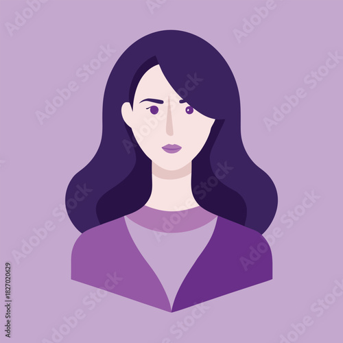 Stylized portrait of a woman with dark hair and purple attire