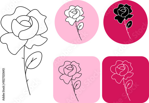 Red Rose Logo Logotype Valentine's Day. Vector graphic line black and white illustration. Banner, poster, wrapping paper, sticker, print, modern textile design.