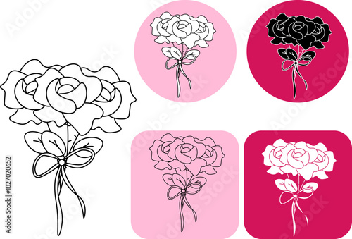Rose bouquet Logotype Valentine's Day. Vector graphic line black and white illustration. Silhouette sign for logo, print, comics, fashion, pop art, boards, design, stickers, decoration, posters