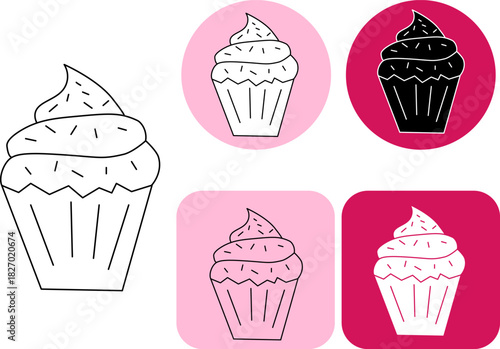 Cupcake icon Logotype Valentine's Day. Vector graphic line black and white illustration. Silhouette sign for logo, print, comics, fashion, pop art, boards, design, stickers, decoration, posters