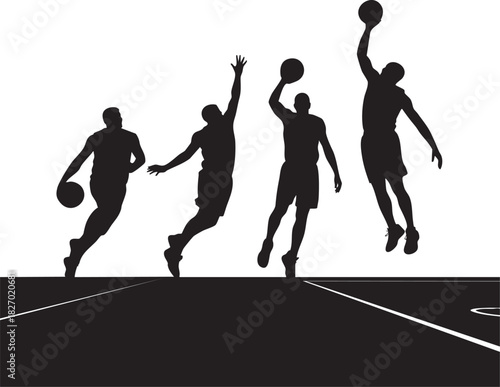 Four dynamic basketball player silhouettes are captured mid-game, showcasing dribbling, jumping, and shooting against a plain background.
