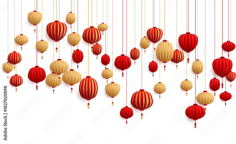 Fototapeta premium Chinese New Year decorative paper lanterns isolated on white vector illustration. Traditional red and gold hanging chinese lanterns, asian festivals and holidays decoration elements.