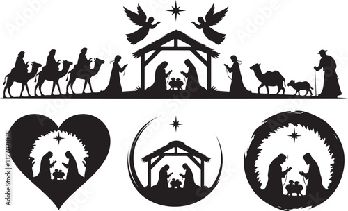 Set of holy Christmas scene with silhouettes christian Nativity. Holiday concept collection with traditional characters holy night. Vector illustration of sacred elements for holiday cards