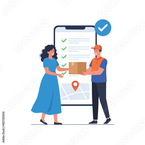 Customer receiving a package delivery from a courier via a mobile application interface