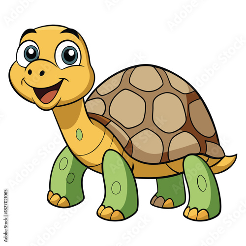 Cheerful Cartoon Turtle Standing on White Background Happy Green Limbs