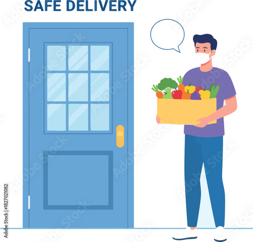 Delivery person wearing mask safely delivers grocery box to front door illustration