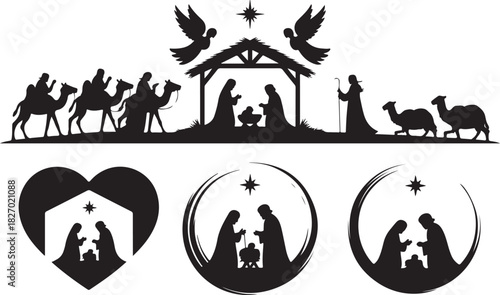 Set of holy Christmas scene with silhouettes christian Nativity. Holiday concept collection with traditional characters holy night. Vector illustration of sacred elements for holiday cards