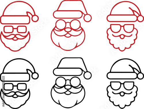 Set of santa claus head outlines with hats, glasses, and beards