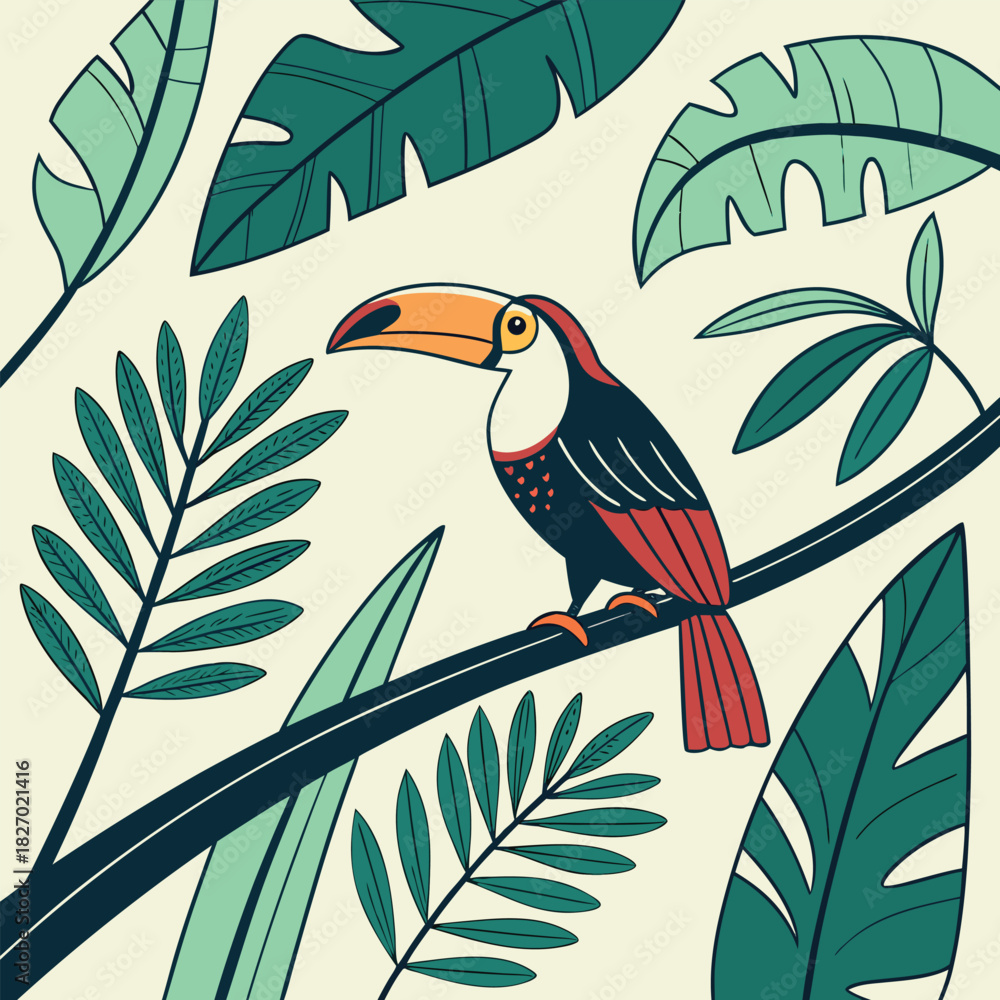 Naklejka premium Toucan Perched On A Branch With Tropical Leaves bird