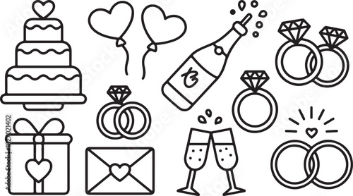 set of wedding icons. outline thin line icons such as envelope, cheers, envelope, earrings, champagne, balloon