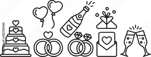 set of wedding icons. outline thin line icons such as envelope, cheers, envelope, earrings, champagne, balloon
