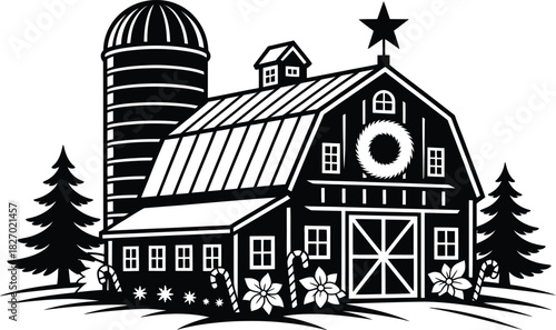 Christmas barn and silo with festive holiday decorations.