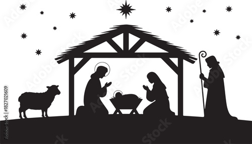 Silhouette Christmas christian nativity scene, illustration Birth of Christ, Christmas Manger scene with baby jesus