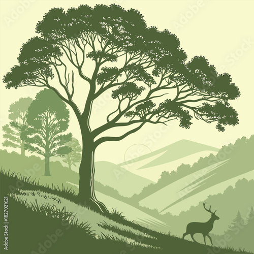 Verdant landscape with a large tree and a deer background