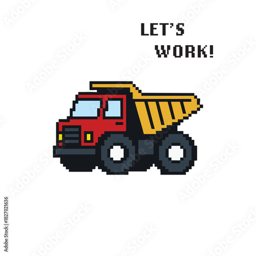 Pixel-style construction vehicles promoting strength, creativity, and playful work motivation for kids