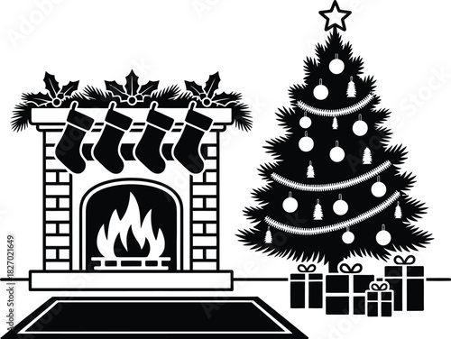 Merry christmas fireplace with stockings and decorated tree.