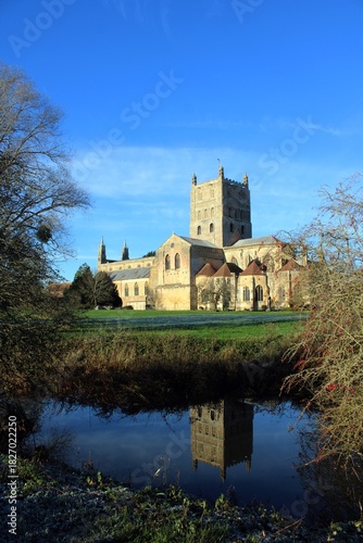 Autumnal view of Tewkesbury Abbey, Gloucestershire.