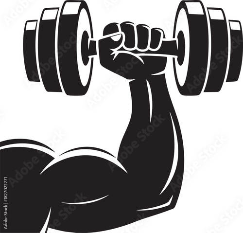 A black silhouette of a muscular arm and hand lifting a dumbbell, showcasing bicep strength and fitness.