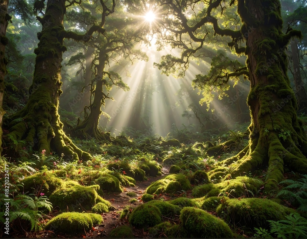 Obraz premium Sun rays stream through canopy. Lush green forest with moss-covered trees, creating a mystical and serene atmosphere. A path invites you to explore