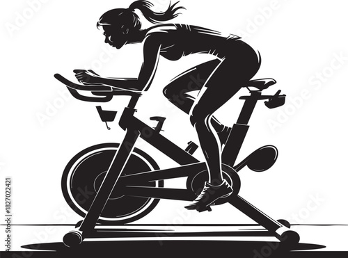 A dynamic silhouette of a woman intensely pedaling an exercise bike against a bright circular background.