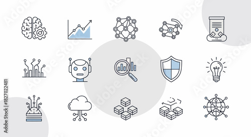 Collection of Technology and Data Icons Representing Innovation and Digital Concepts.